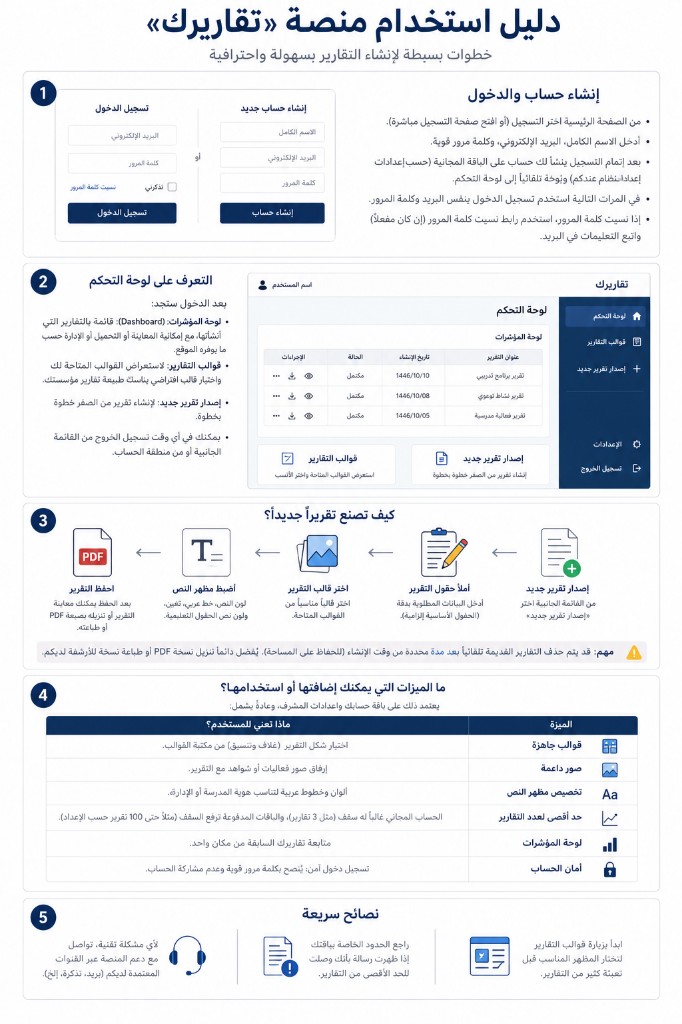 دليل استخدام منصة تقاريرك: إنشاء الحساب، لوحة التحكم، خطوات إصدار التقرير، الميزات، ونصائح سريعة